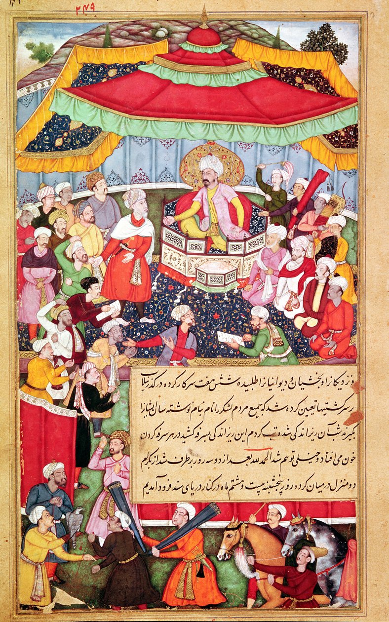 Król na tronie w otoczeniu dworzan, z Baburnama (Wspomnienia Babura) 1530 autorstwa Indian School