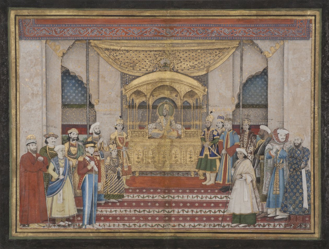 Cesarz Mogołów Bahadur Shah II w Darbar, 1839 (nieprzezroczysta toaleta i złoto na papierze) autorstwa Indian School