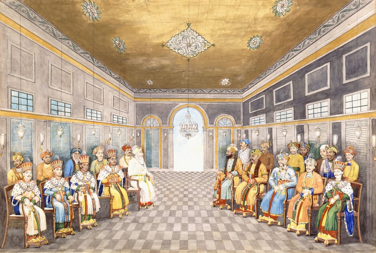 Nawabowie i królowie Oudh w pałacowym wnętrzu w obecności ich sług, ok. 1800 autorstwa Indian School