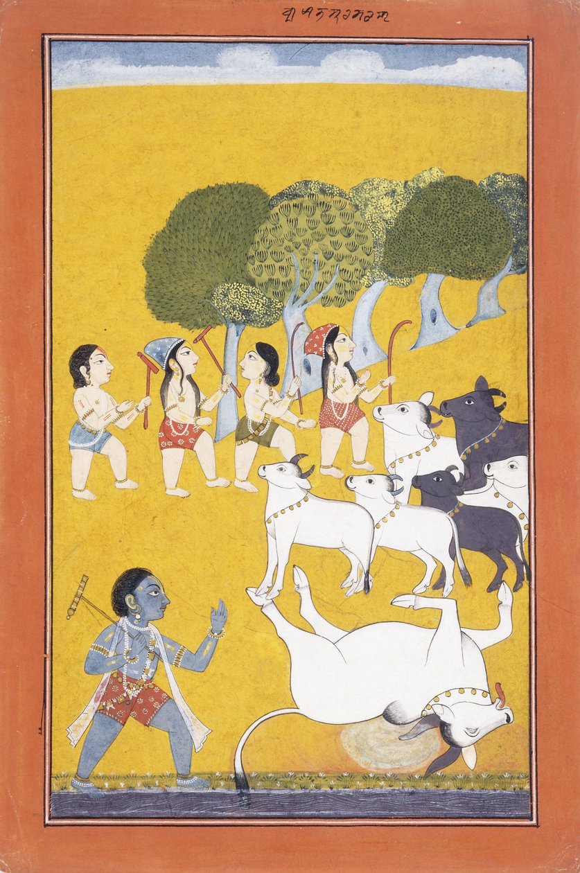 Młody Kryszna zabija demona Vatsasurę, który przybył pod postacią cielęcia, ok. 1730-1740 autorstwa Indian School