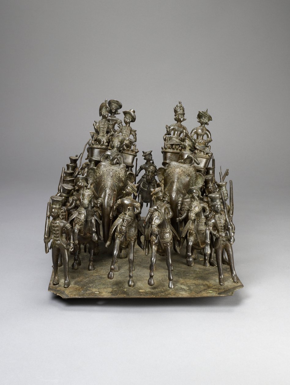 Kawalkada króla Oudh jadącego z brytyjskim rezydentem na słoniach, ok. 1820 (brąz) autorstwa Indian School