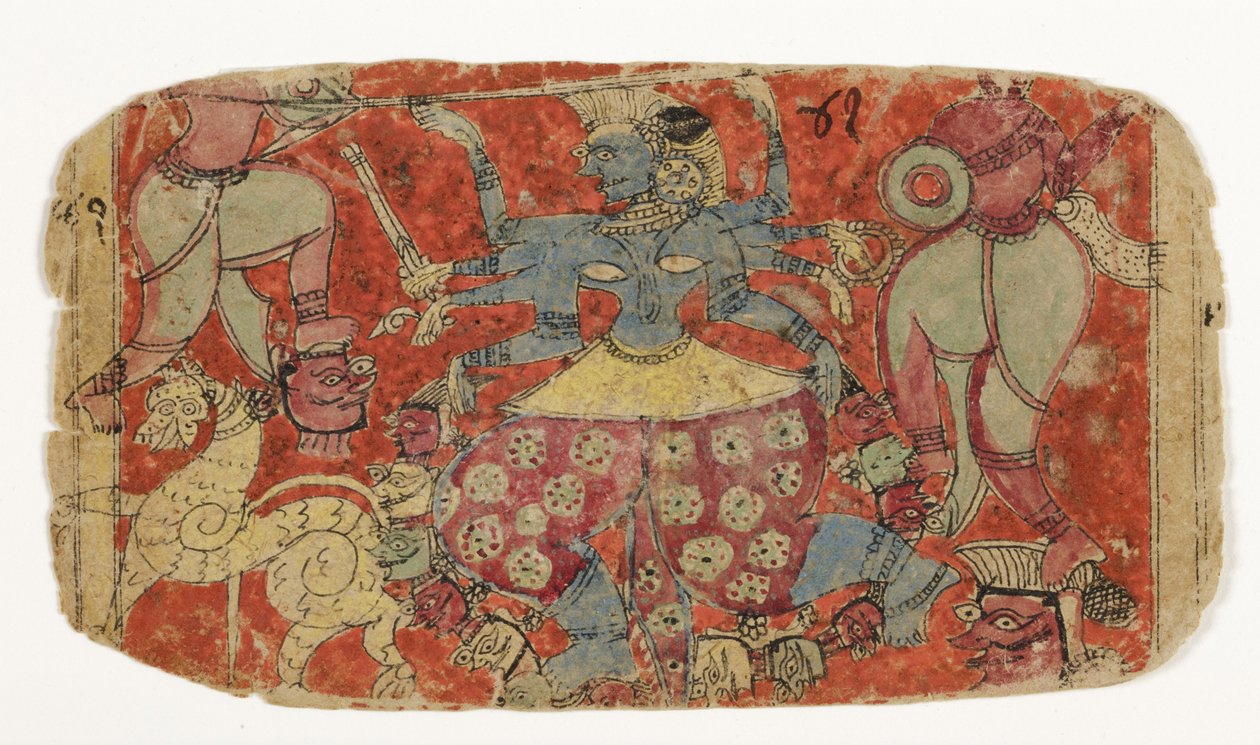 Bogini Kali walczy z demonami, od Durgi atakuje demony Szambha i Nishumbha (nieprzezroczysta toaleta na papierze) autorstwa Indian School