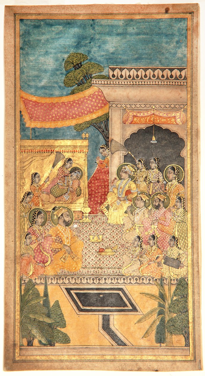 Ślub Tany Shah podczas ceremonii Jalwa, 1679 (nieprzezroczysta toaleta i złoto na papierze) autorstwa Indian School