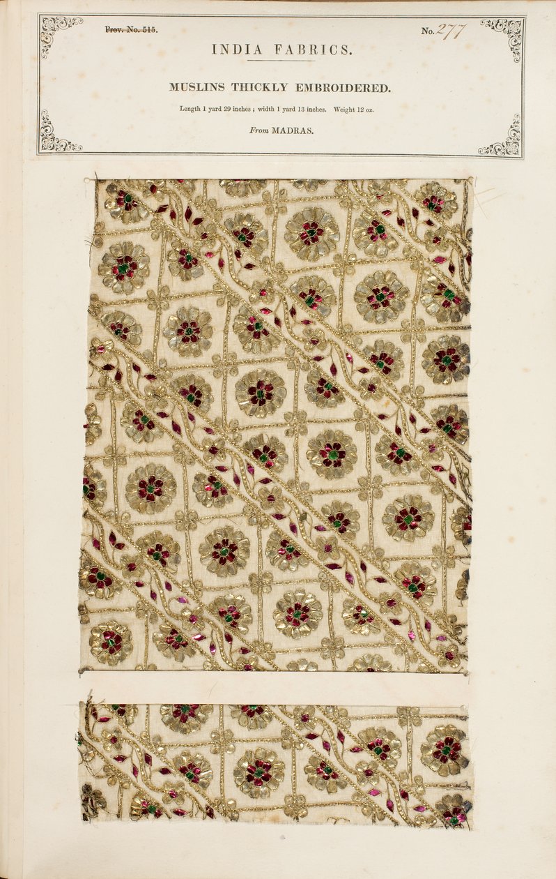 Grubo haftowana próbka muślinu z Madrasu, z The Collection of the Textile Manufacturers of India, autorstwa Johna Forbesa Watsona, opublikowana w 1866 roku autorstwa Indian School