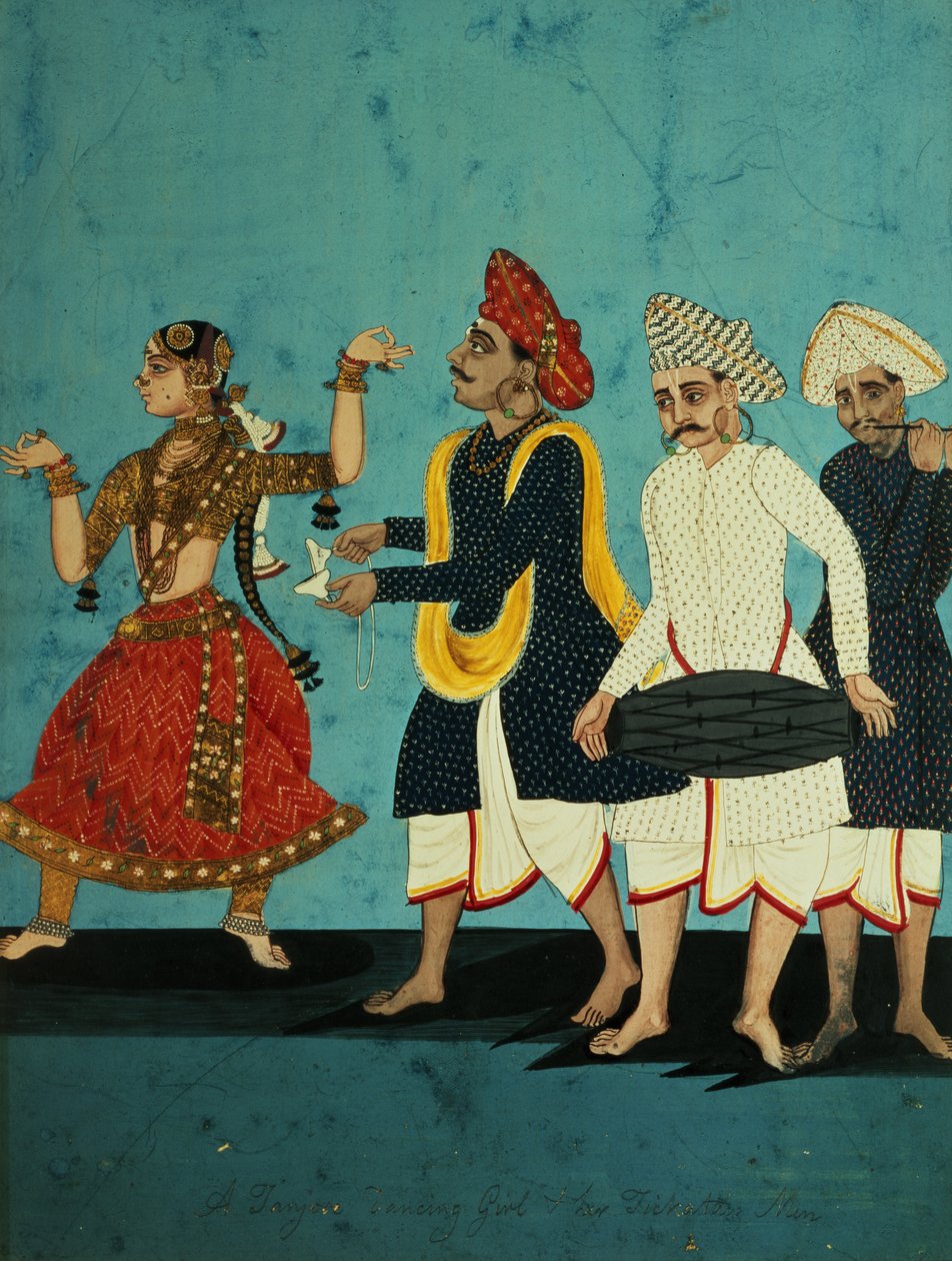 Trzech muzyków i tańcząca dziewczyna, Tanjore, Tamil Nadu, ok. 1850 autorstwa Indian School