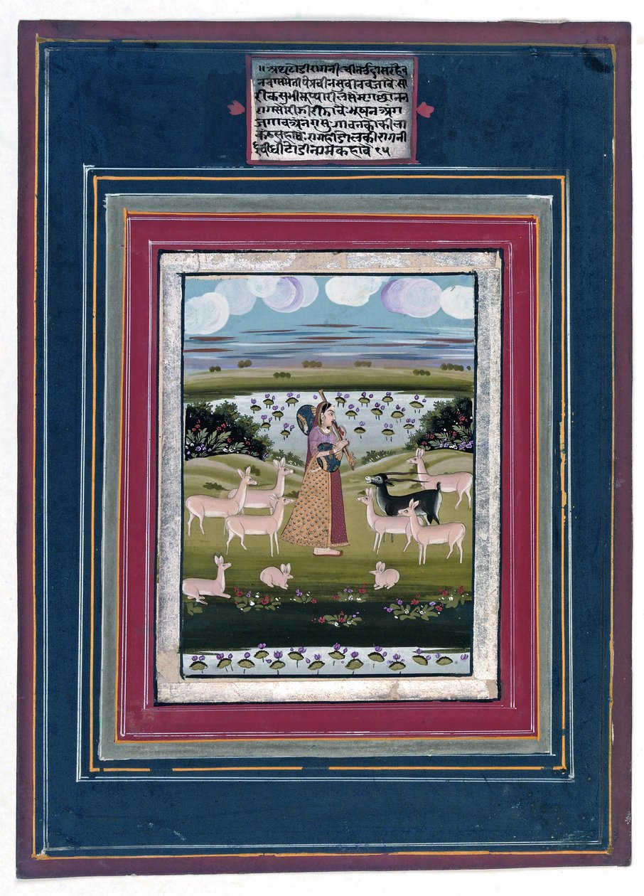 Todi ragini - Dama grająca na winorośli w pejzażu ze zwierzętami, 1810-20 autorstwa Indian School