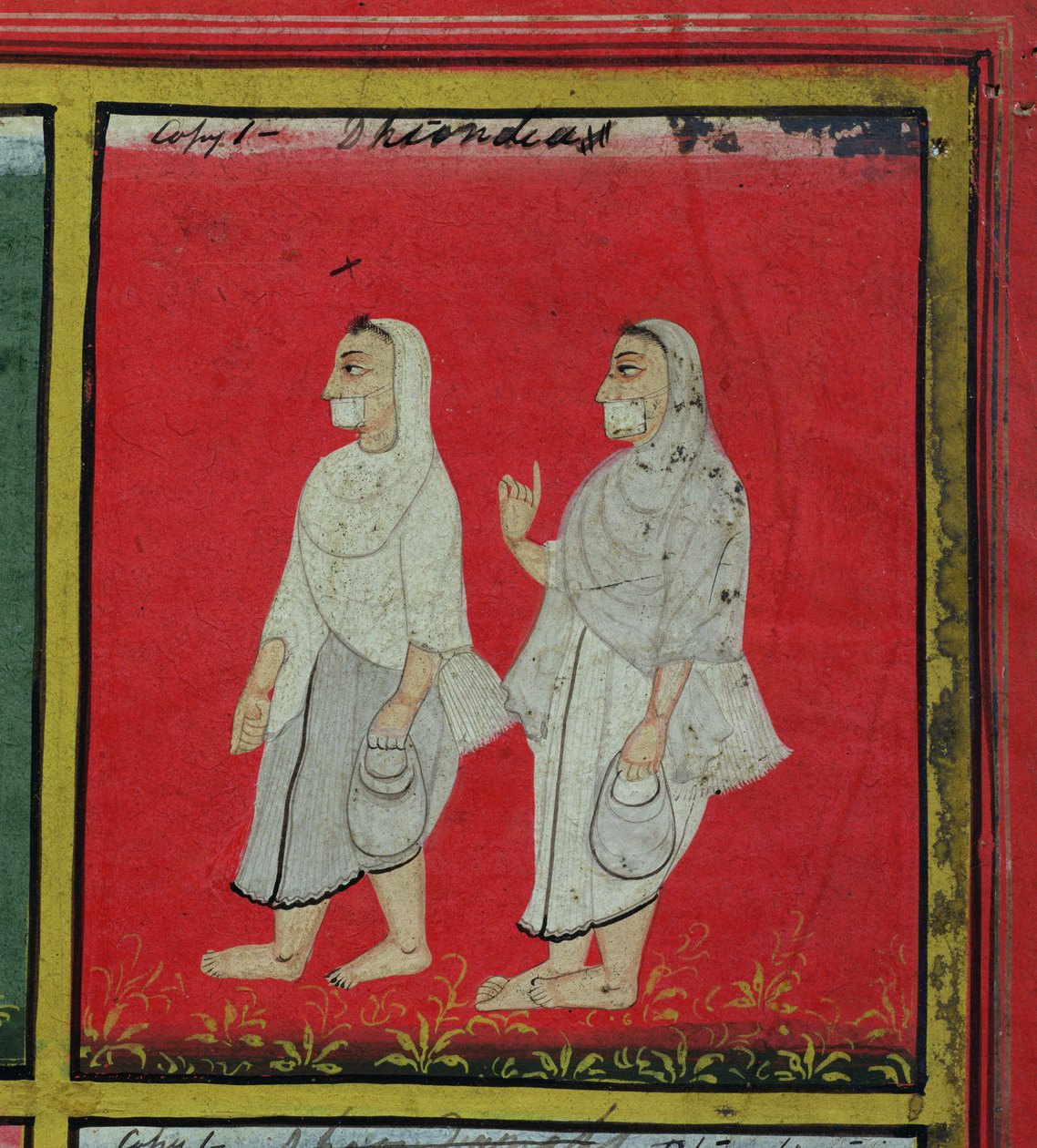 Dwóch bhaktów dżinizmu (dhondiya) religijnych żebraków, Udaipur, ok. 1810-20 (szczegóły) (zob. także 136600) autorstwa Indian School