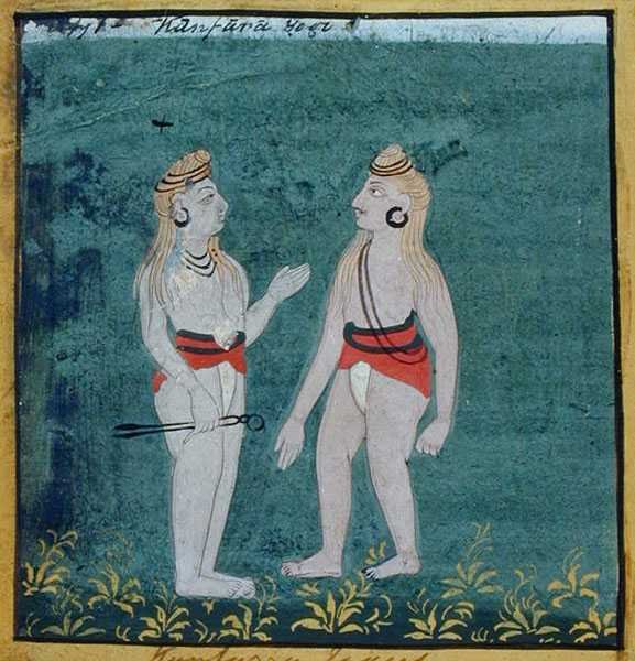 Dwóch joginów z rozszczepionymi uszami (kamfatów), żebraków religijnych, Udaipur, ok. 1810-20 (gwasz na papierze) autorstwa Indian School