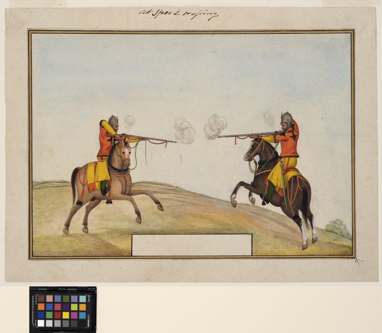Dwaj konni żołnierze wymieniający się ogniem karabinowym, ok. 1830 (nieprzezroczysta akwarela i złoto na papierze) autorstwa Indian School