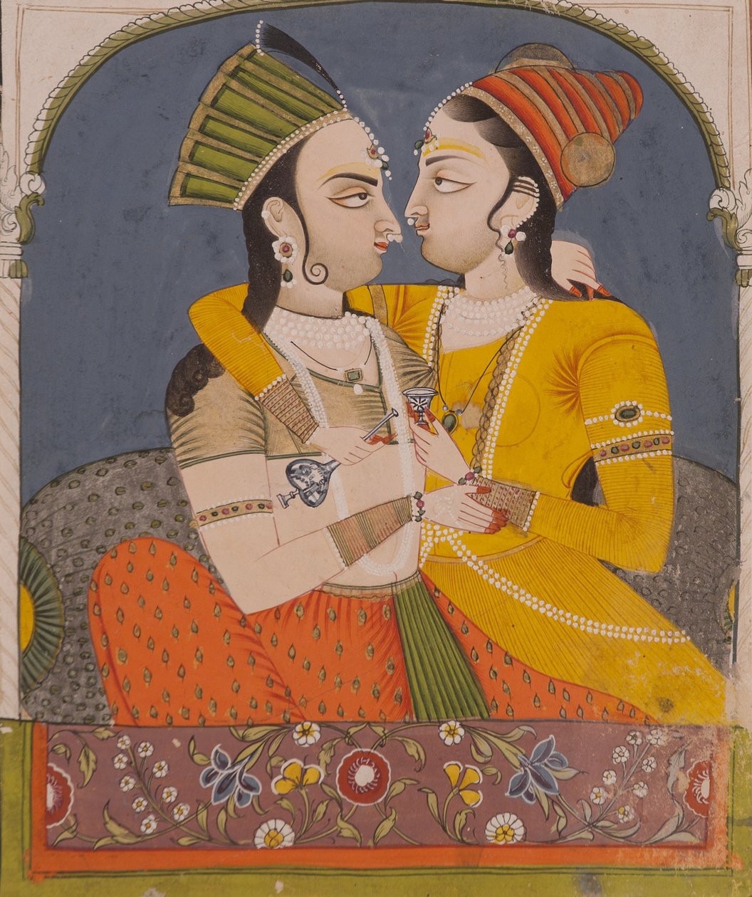 Dwie królowe pijące drinka, od kochanków w alkowie, ok. 1780 (nieprzezroczysta toaleta i złoto na papierze) autorstwa Indian School