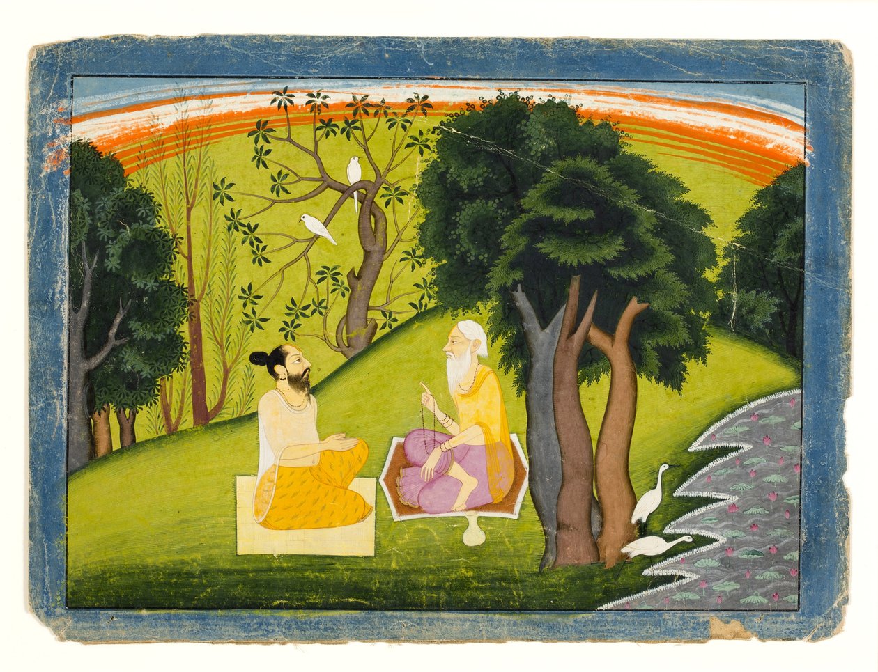 Dwóch mędrców w dyskusji w krajobrazie, ok. 1785 (nieprzezroczysta toaleta i złoto na papierze) autorstwa Indian School