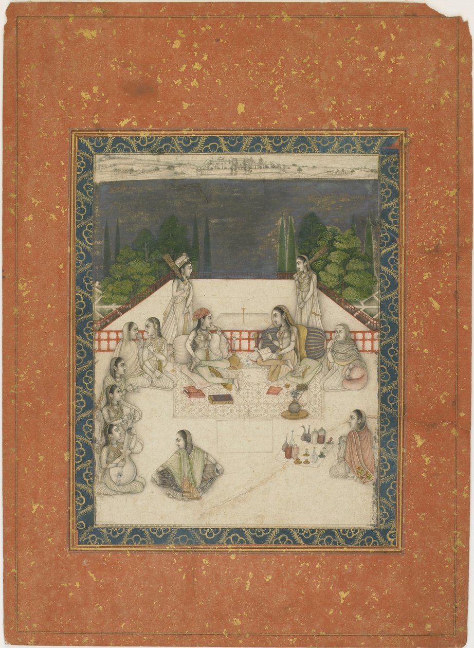 Dwie kobiety siedzące na tarasie, otoczone sługami i muzykami, ok. 1650 r. (nieprzezroczysta toaleta i złoto na papierze) autorstwa Indian School
