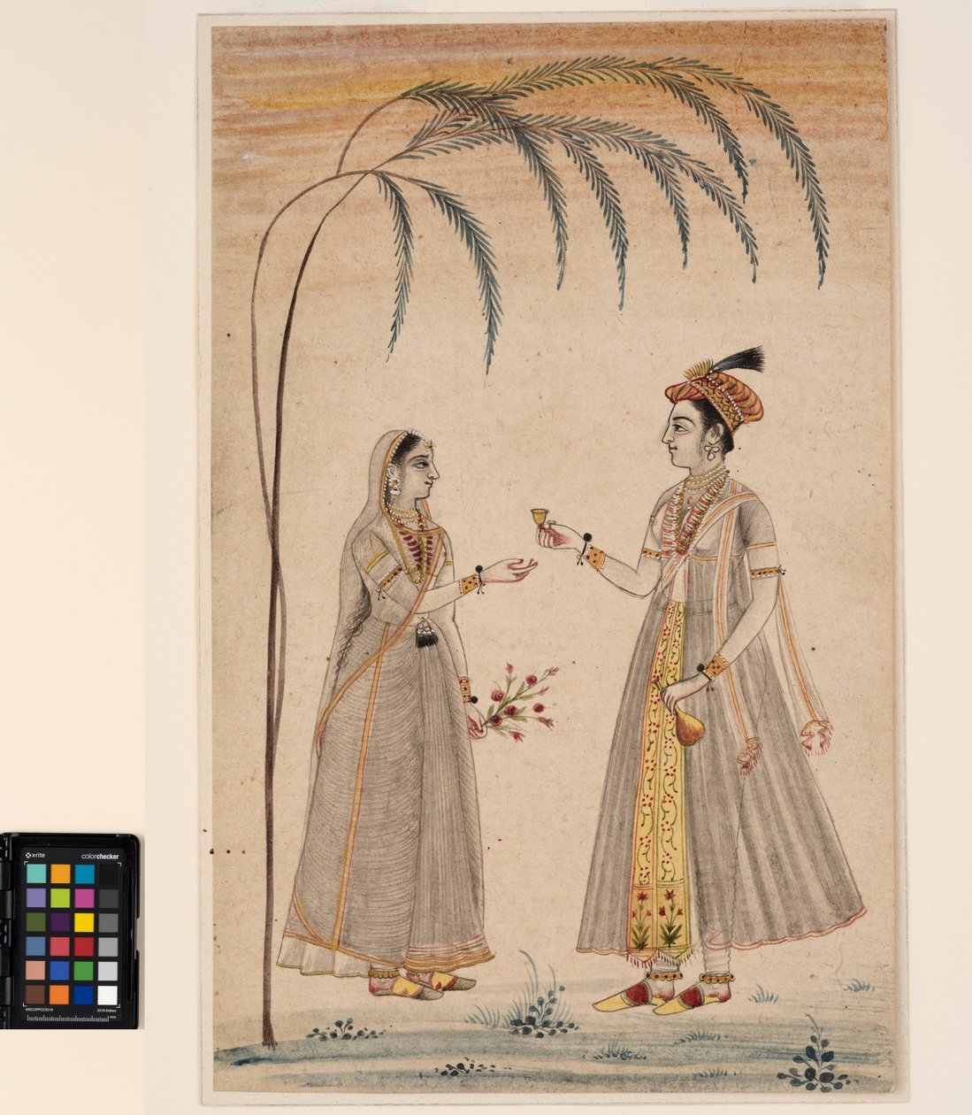 Dwie kobiety pod drzewem, ok. 1750 (nieprzezroczysta akwarela i złoto na papierze) autorstwa Indian School