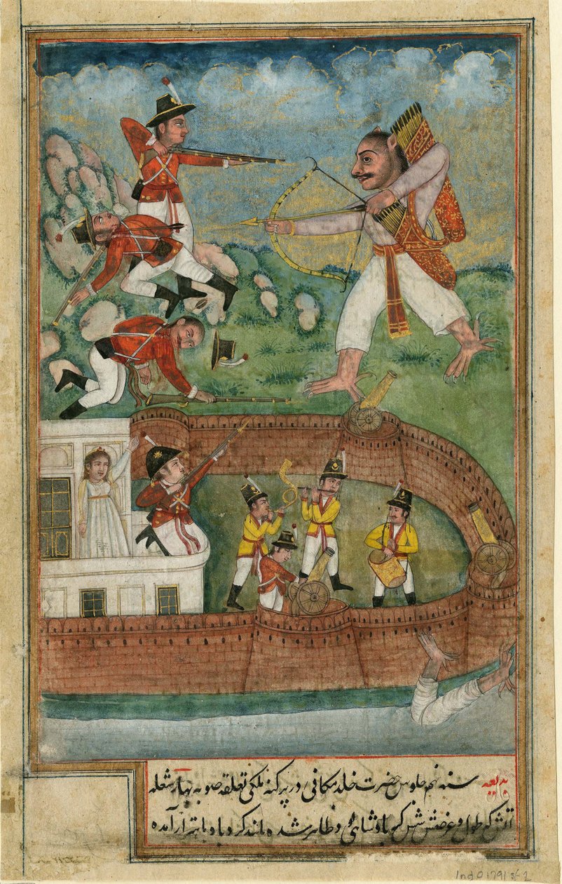 Demon atakujący fort broniony przez wojska europejskie - Demony indyjskie atakujący fort broniony przez wojska europejskie - Sztuka indyjska - ok. 1900 r. 1790 - Akwarela na papierze - 24x15,3 - Kolekcja prywatna autorstwa Indian School