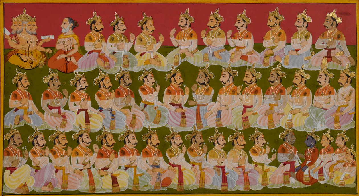 Vasiṣṭha opowiada pełną genealogię dynastii Ikṣvāku autorstwa Indian School