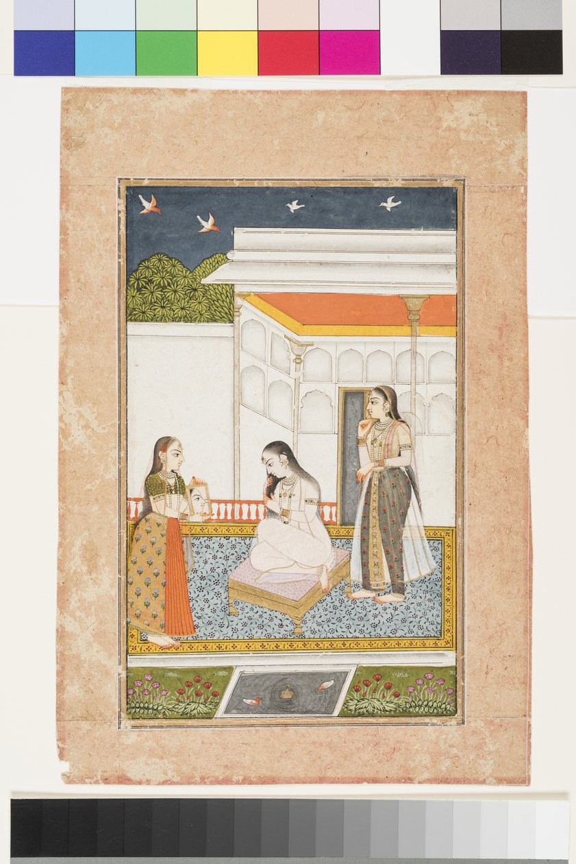 Vilaval Ragini z Hindol, ok. 1745 (nieprzezroczysta akwarela i złoto na papierze, zamontowane na stronie albumu) autorstwa Indian School