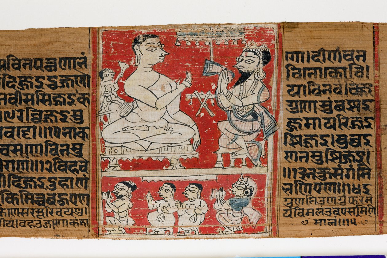 Vimalaprava rozmawia z Raji i Lakshmi, ok. 1300 (nieprzezroczysta toaleta na liściu palmowym) autorstwa Indian School