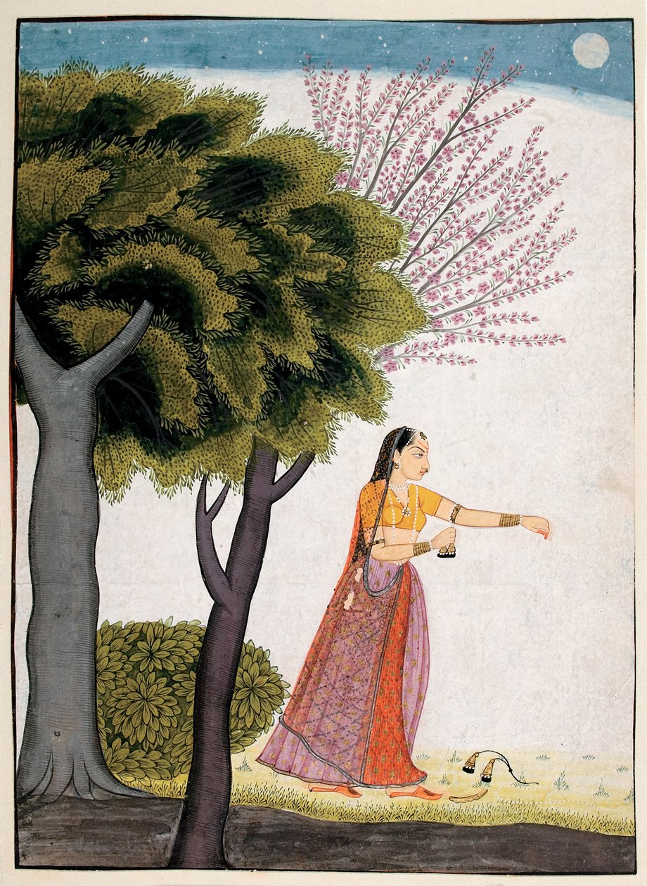 Vipralabdha nayika, ok. 1770 (nieprzezroczysta toaleta i złoto na papierze) autorstwa Indian School