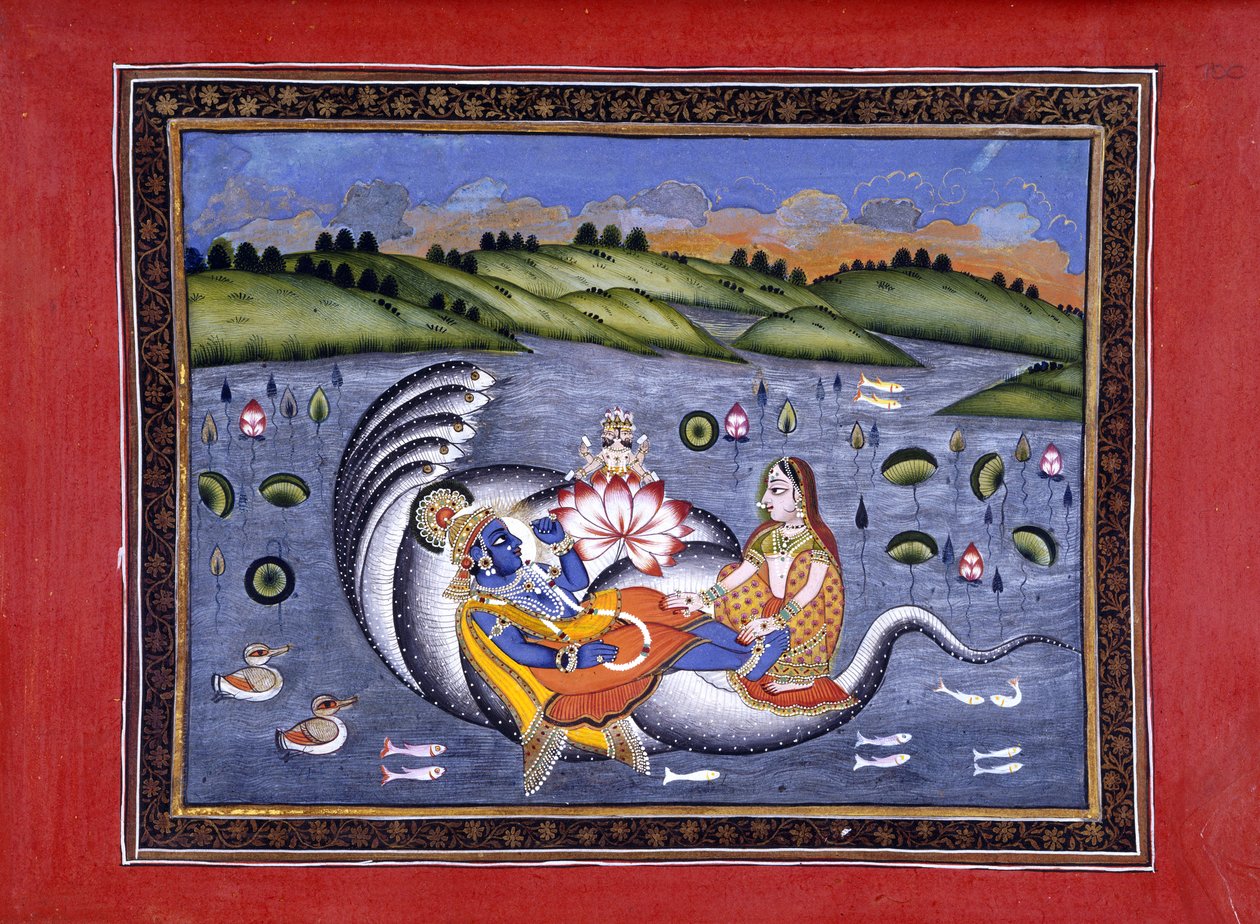 Wisznu i Lakszmi, ilustracja z „Bhagavatapurany. (Purana Błogosławionego Pana)” przez Kalurama autorstwa Indian School