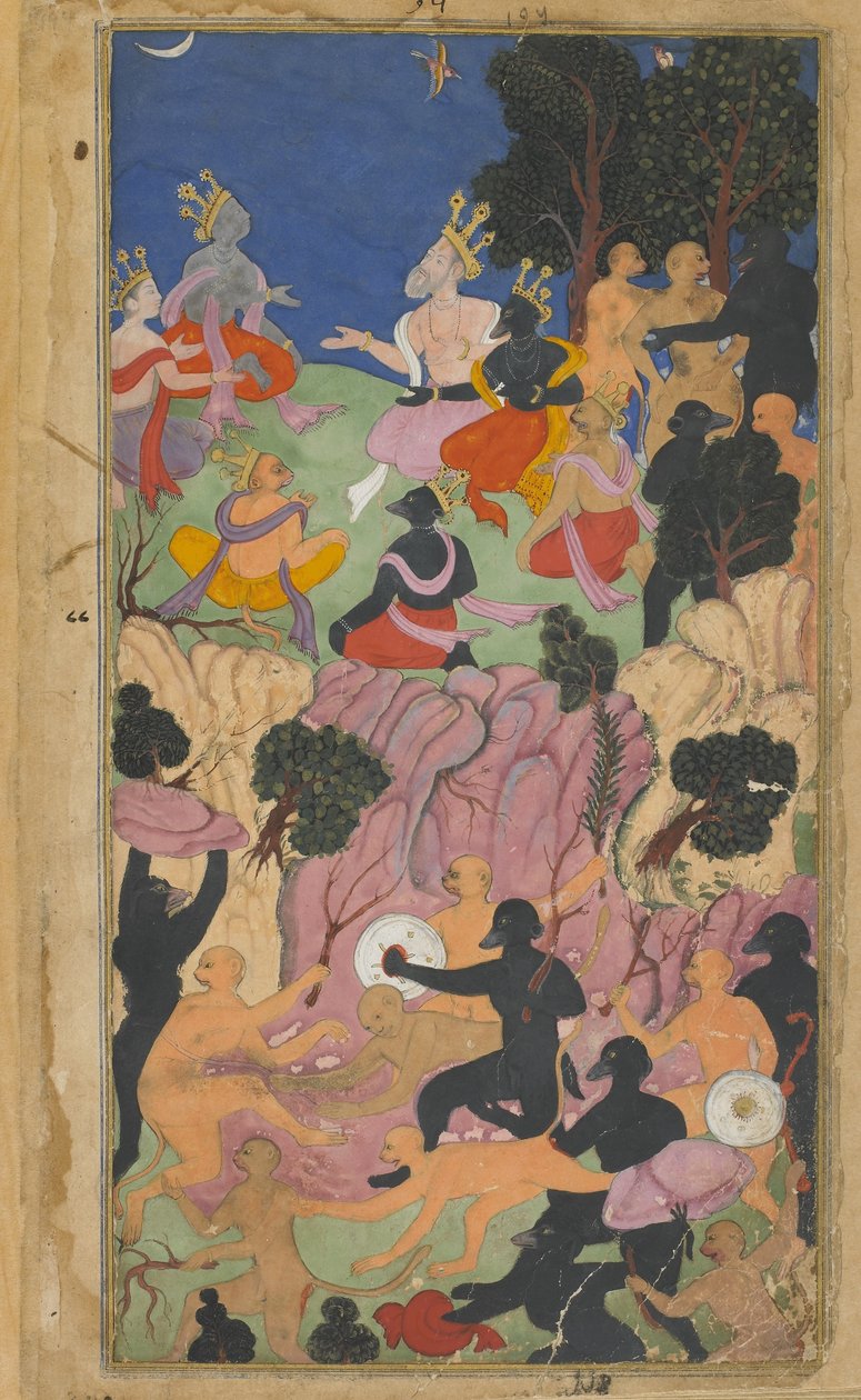Vol.2 fol.194 Rama konferuje z wodzami Vanara na górze Suvela (nieprzezroczysta akwarela, atrament i złoto na papierze) autorstwa Indian School