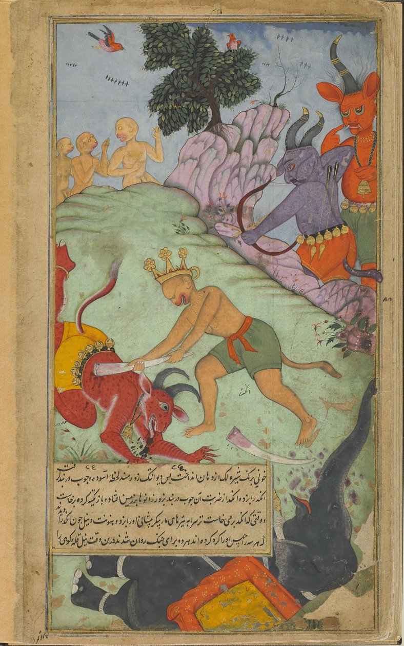 Vol.2 fol.227 Angada uderza Devantakę kłem wyrwanym ze słonia Mahodaras (nieprzezroczysta akwarela, atrament i złoto na papierze) autorstwa Indian School