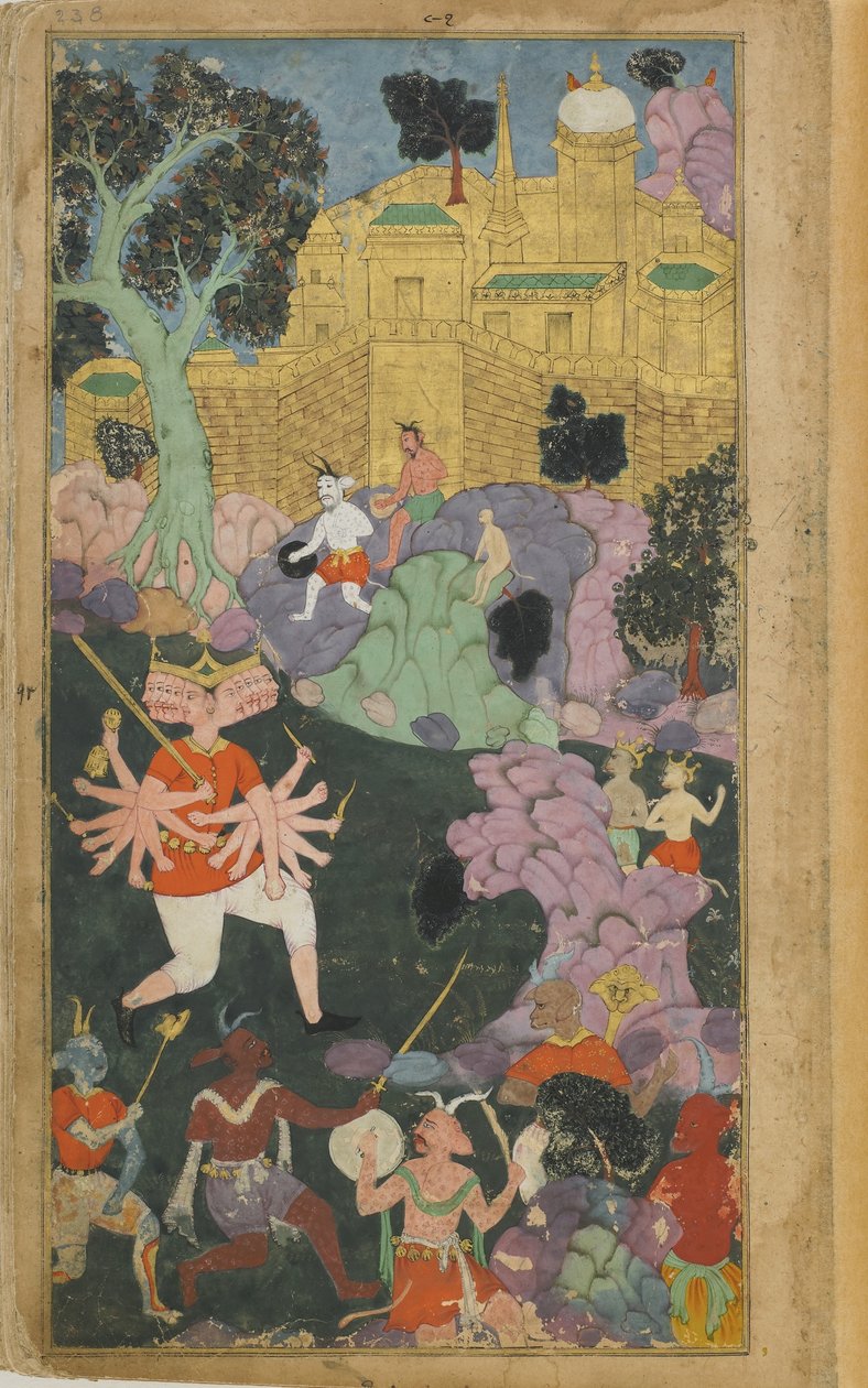 Vol.2 fol.238 Ravana i jego wojska zajmują pozycję przed miastem (nieprzezroczysta akwarela, atrament i złoto na papierze) autorstwa Indian School