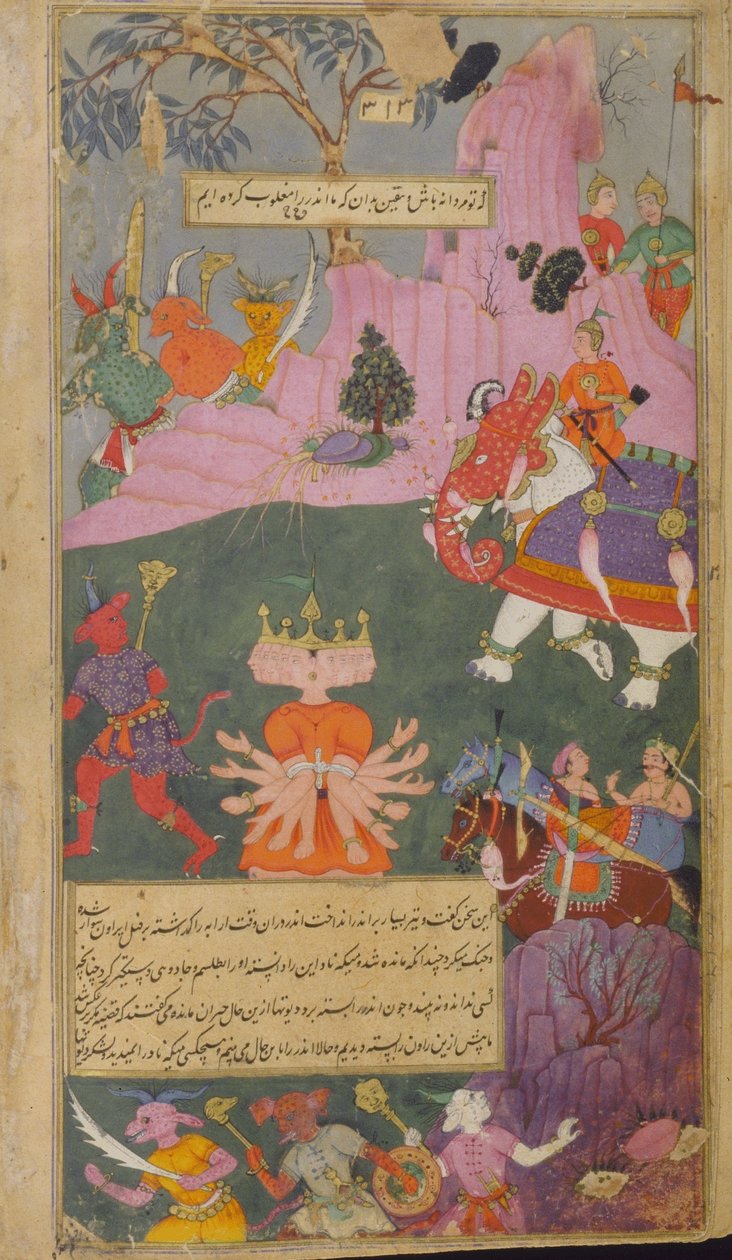 Vol.2 fol.310 Armia raksasa ucieka na widok Rawany wziętego do niewoli przez Indrę (nieprzezroczysta akwarela, atrament i złoto na papierze) autorstwa Indian School