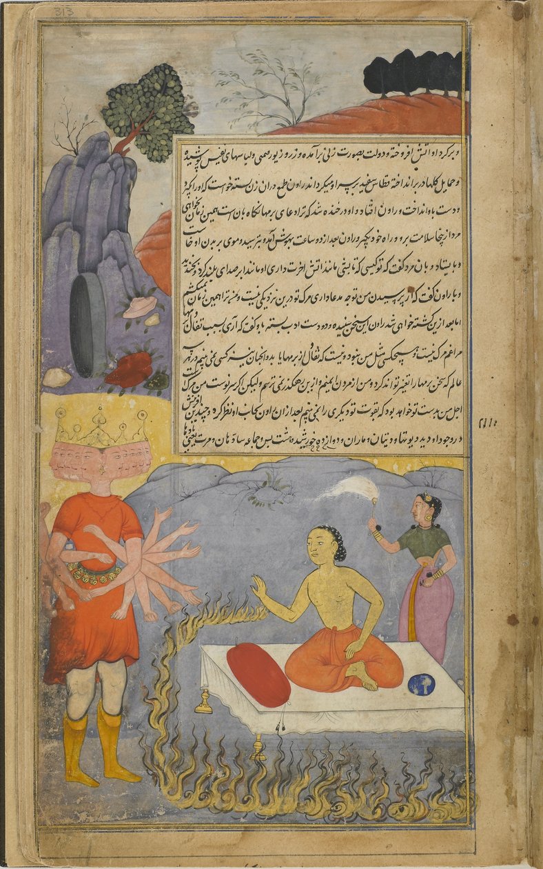 Vol.2 fol.313 Ravana rozmawia z Mahajambunadą, którego otacza pierścień ognia i towarzyszy Lakszmi (nieprzezroczysta akwarela, atrament i złoto na papierze) autorstwa Indian School