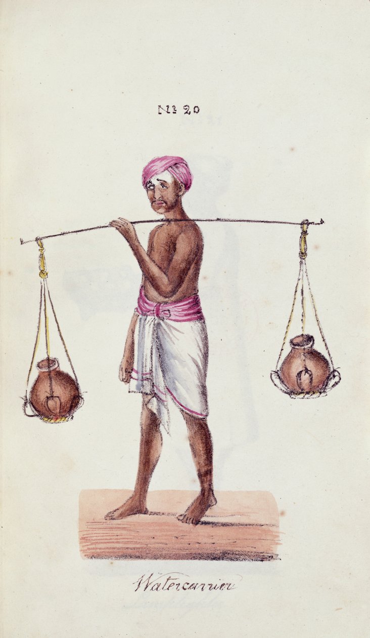 Watercarrier, z „Przeglądu różnych kast Indii”, Venkata Ramasvani, opublikowany Madras autorstwa Indian School