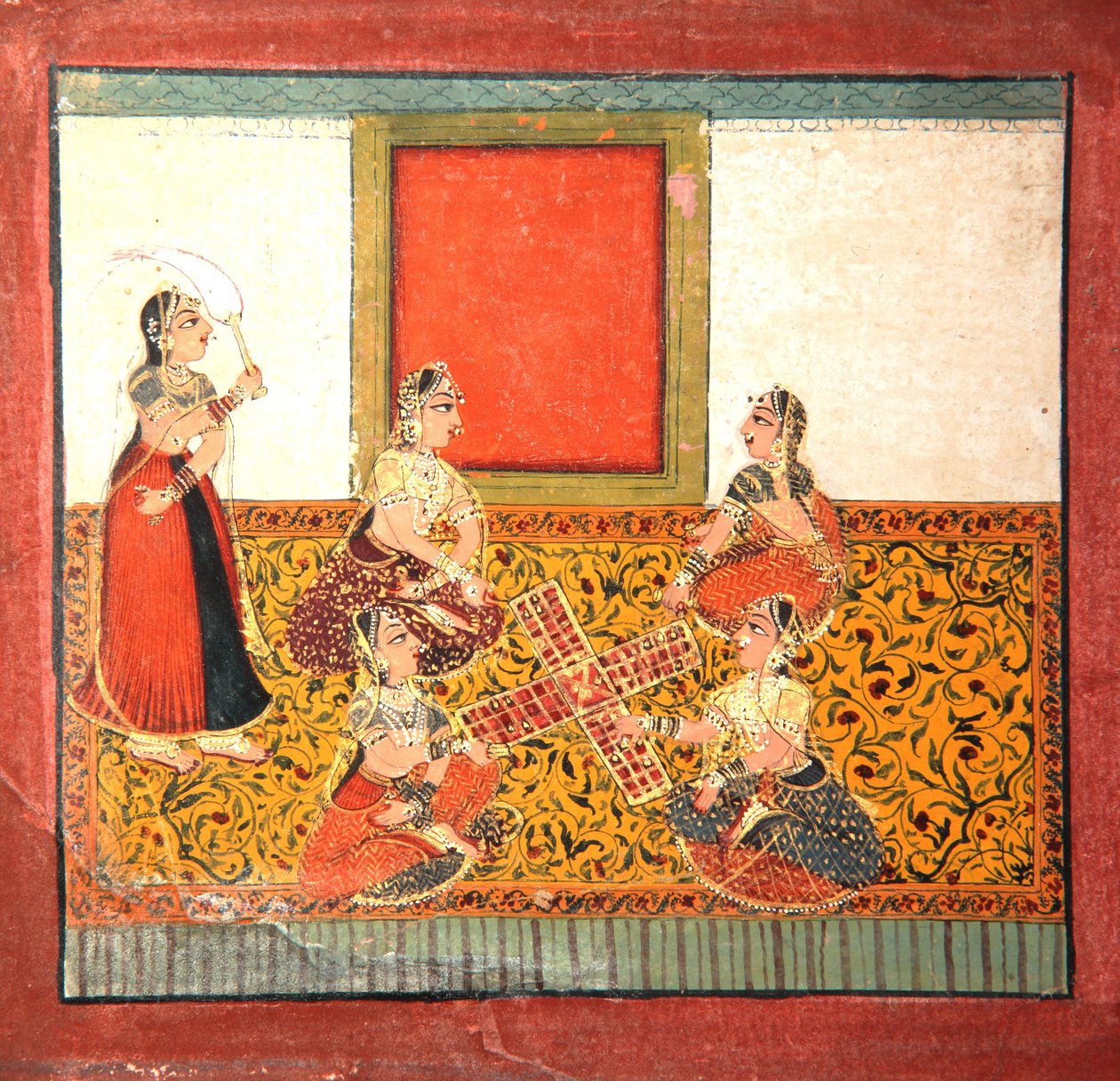 Kobiety grające w Parcheesi, siedzące na żółtej wzorzystej podłodze, ok. 1725 (nieprzezroczysta toaleta i złoto na papierze) autorstwa Indian School