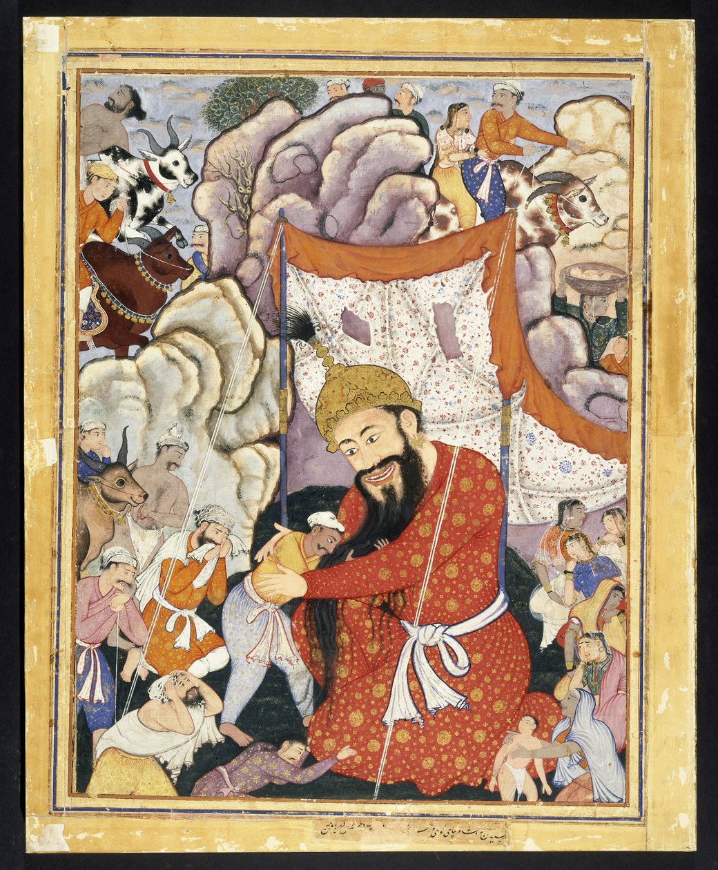 Zumurrud Shah bierze schronienie w górach, ca. 1570 (nieprzezroczysta akwarela i złoto na bawełnianej tkaninie) autorstwa Indian School