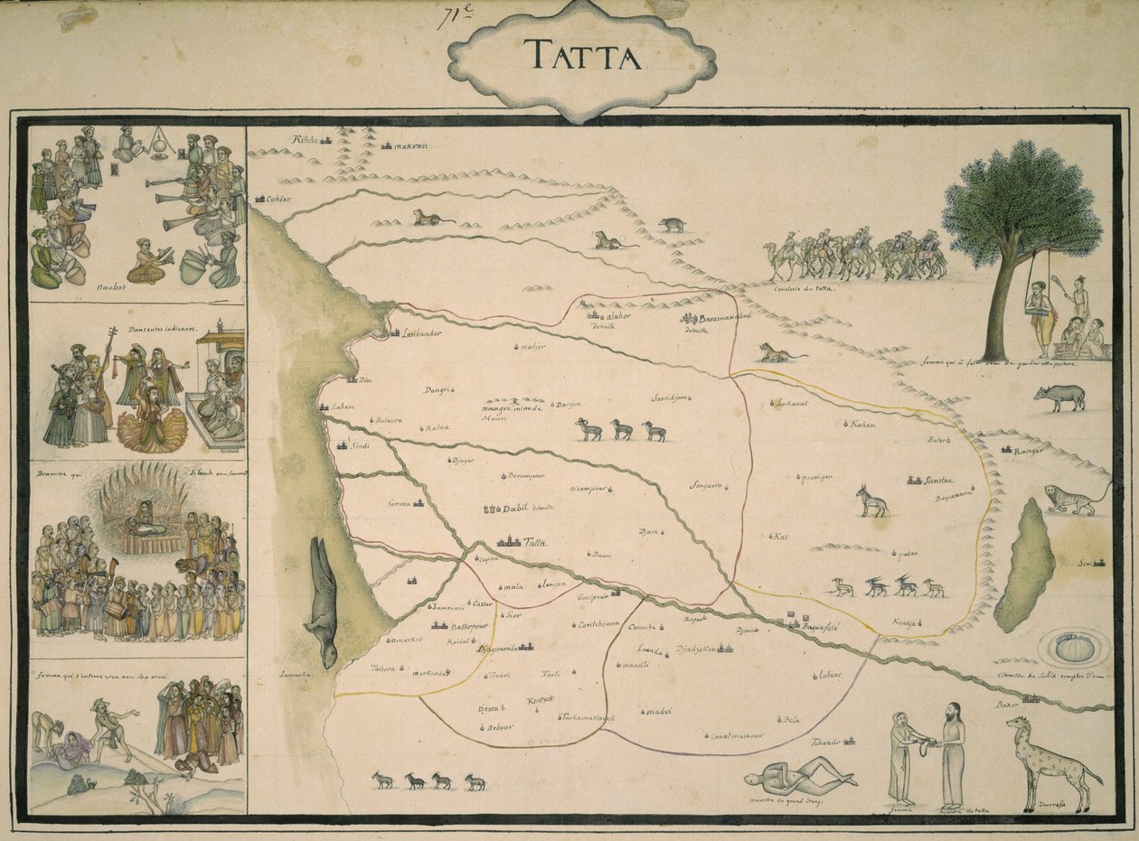 „Tatta”, ze zbioru map Indii Mogołów, z albumu zamówionego przez pułkownika francuskiej piechoty Jean-Baptiste-Josepha Gentila autorstwa Indo European Indo European