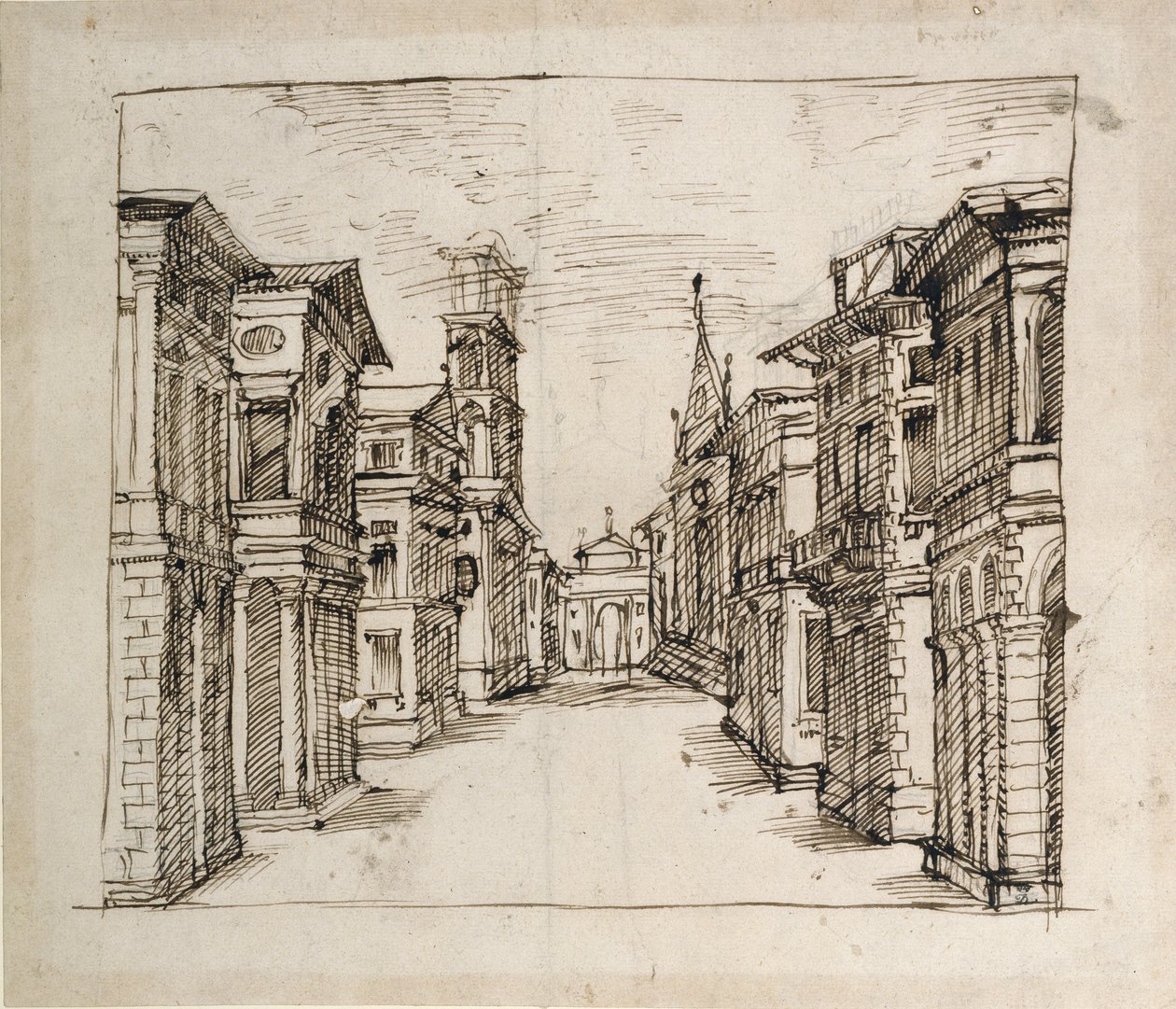 Ulica w perspektywie, ok. 1617 (pióro i atrament na papierze) autorstwa Inigo Jones