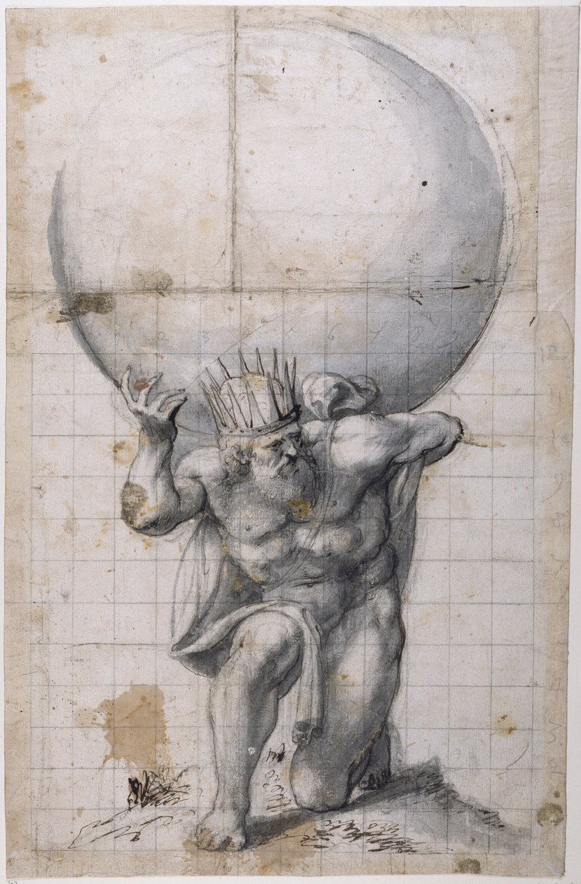 Atlas: tylna migawka lub scena ulgi (pióro i atrament na papierze) autorstwa Inigo Jones