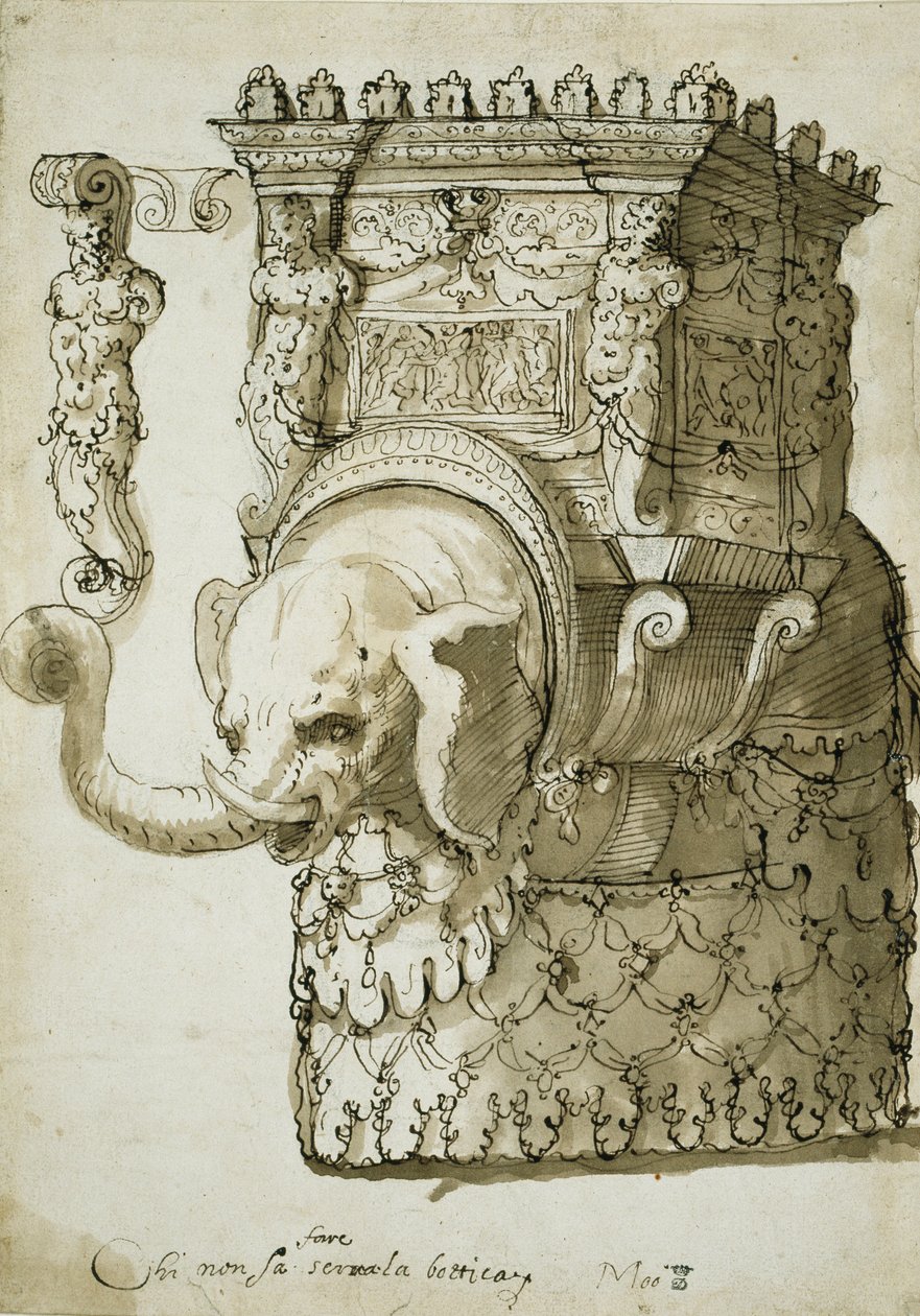 Projekt na konkurs słoni (pióro i atrament na papierze) autorstwa Inigo Jones