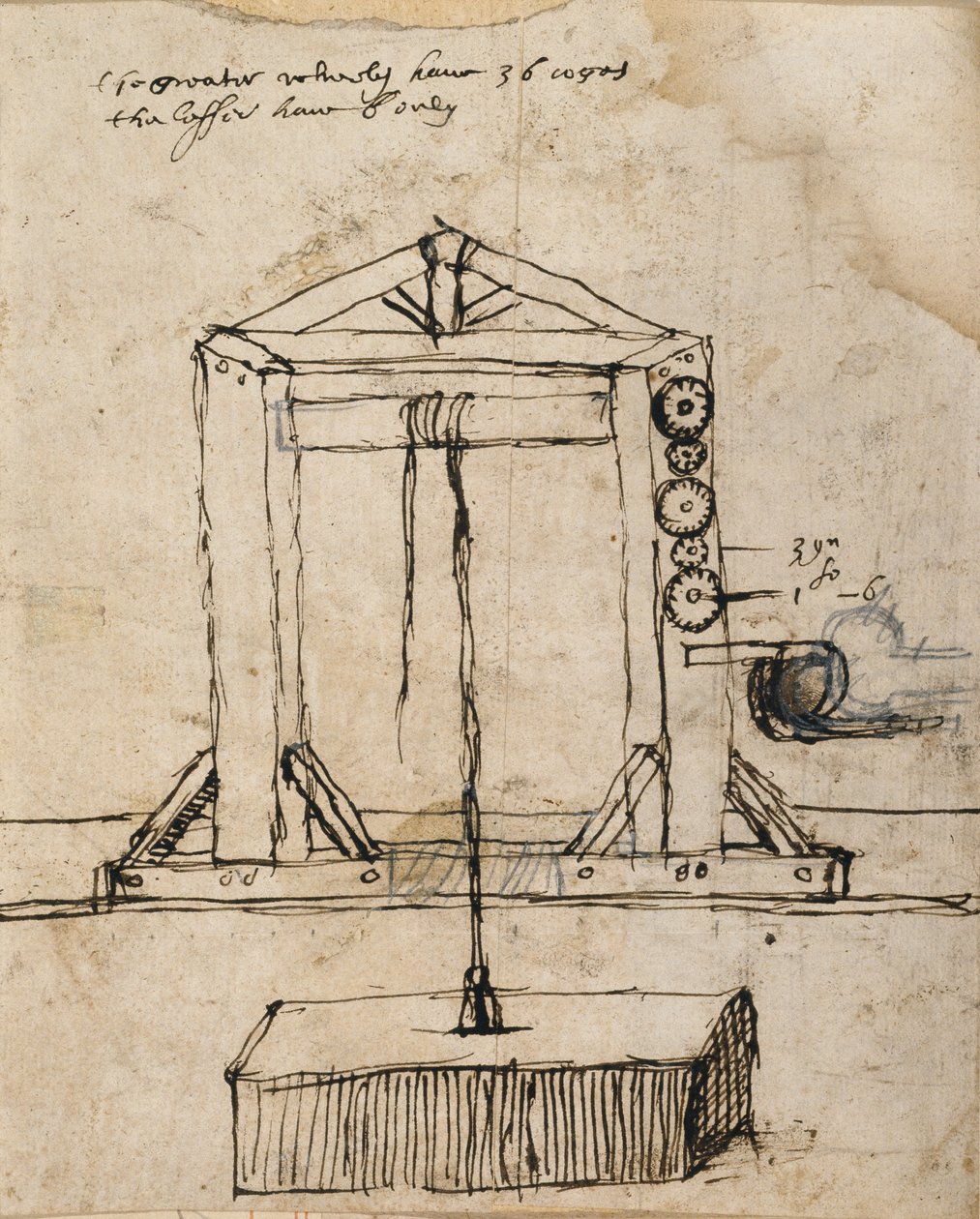 Schemat muru podnoszącego koło pasowe (pióro i atrament na papierze) autorstwa Inigo Jones