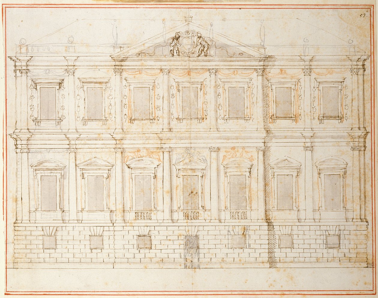Elewacja przedostatniego projektu Domu Bankietowego, Whitehall, ok. 1619 (pióro i atrament na papierze) autorstwa Inigo Jones