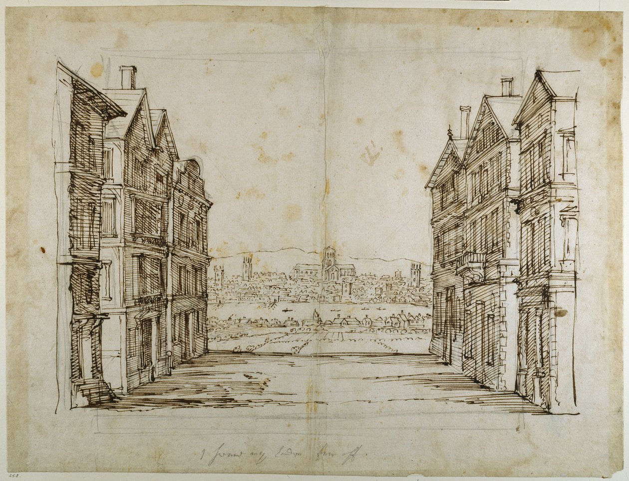 Angielskie domy z dalekim Londynem i Tamizą (pióro i atrament na papierze) autorstwa Inigo Jones