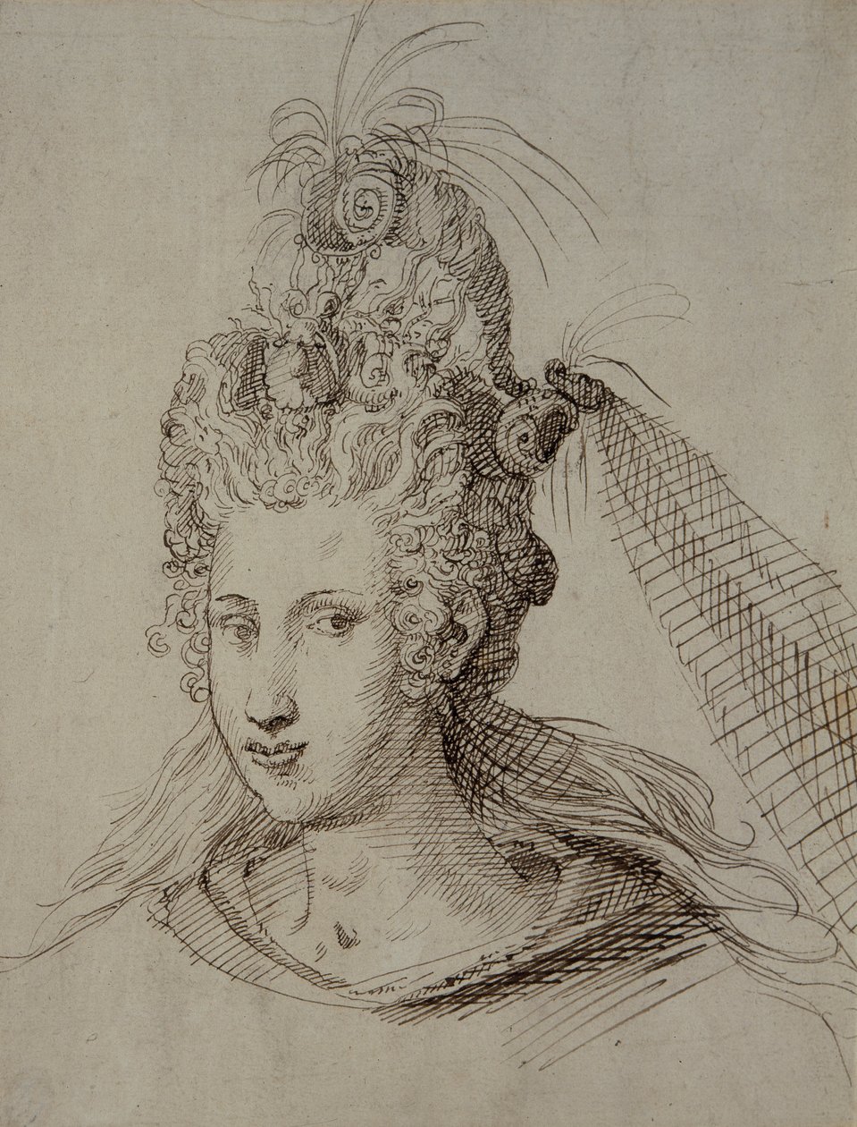 Nakrycie głowy, prawdopodobnie dla Anny z Danii (pióro i atrament na papierze) autorstwa Inigo Jones