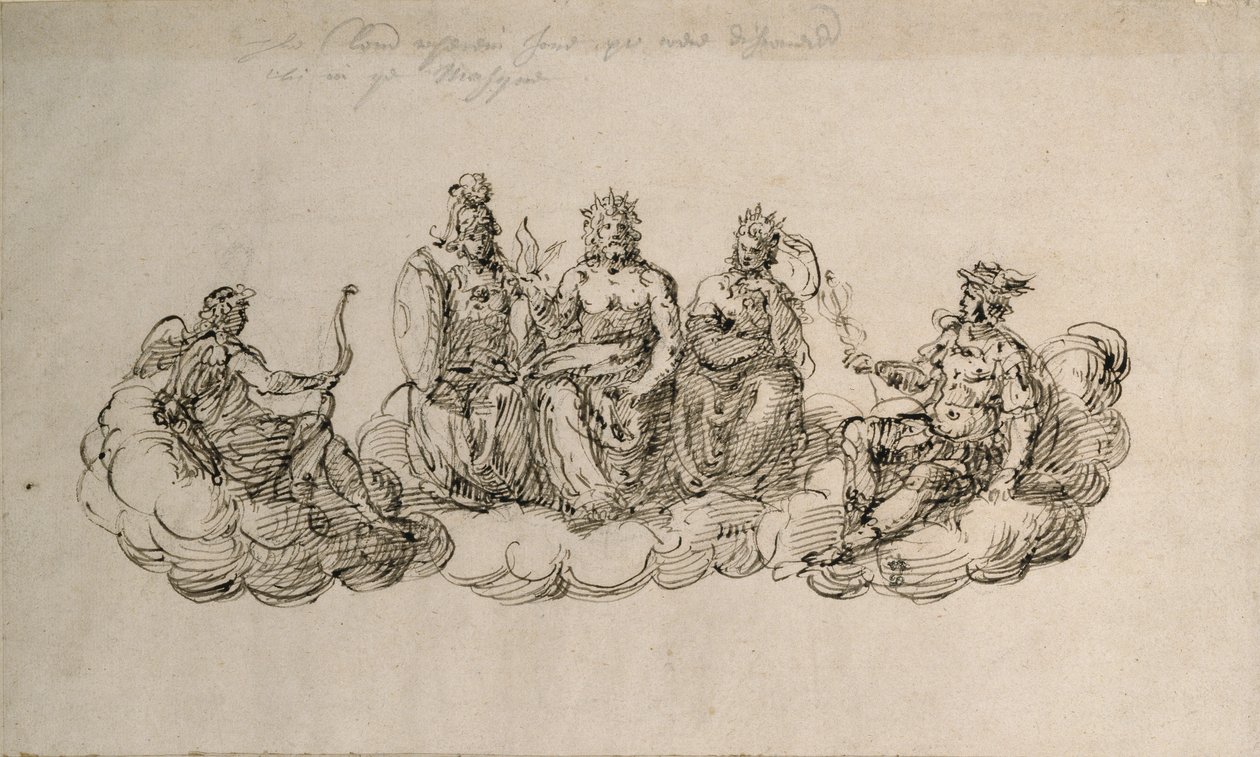 Jove z Senatem Bogów, ok. 1622 (pióro i atrament na papierze) autorstwa Inigo Jones