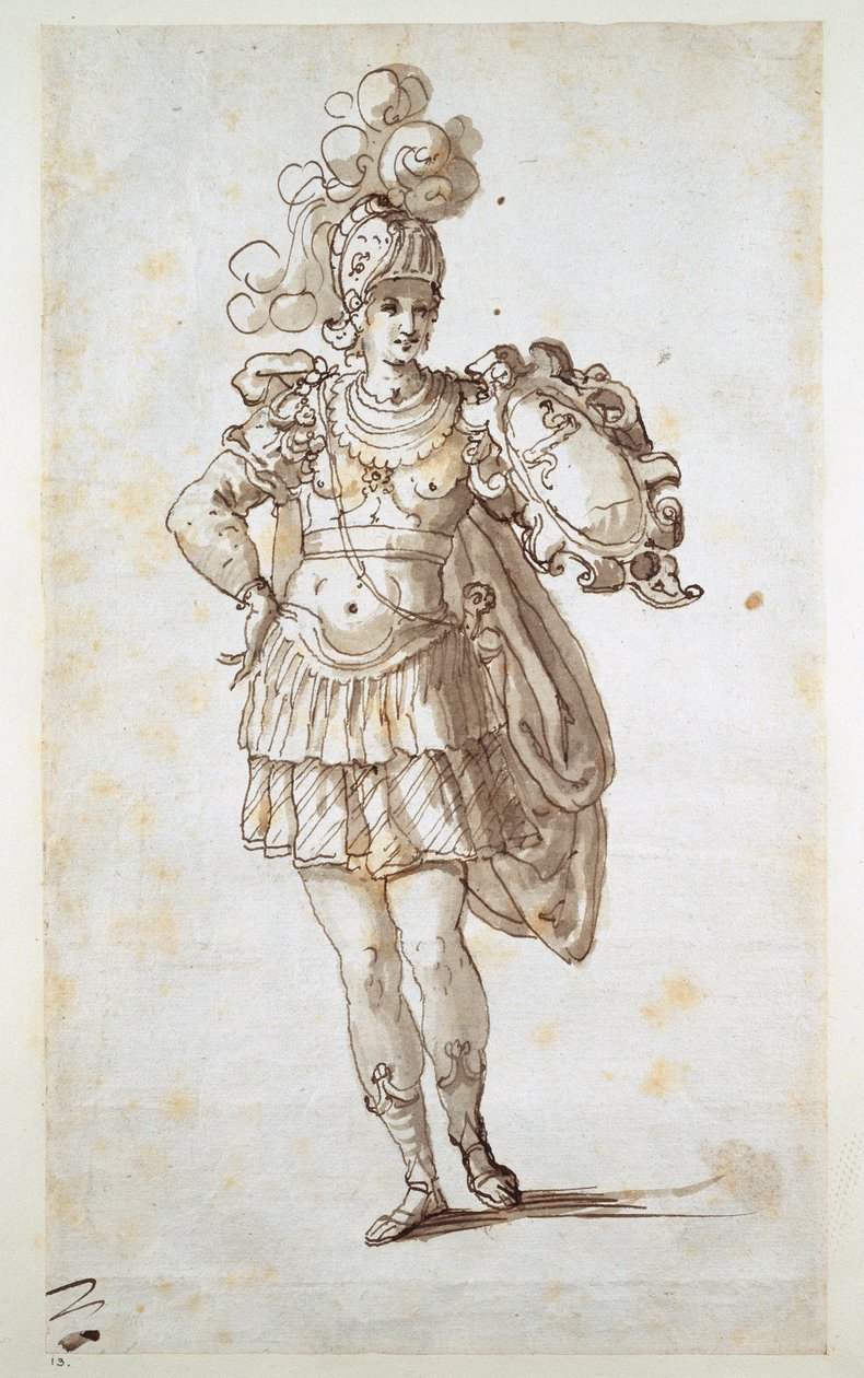 Rycerz lub giermek niosący tarczę (pióro i atrament na papierze) autorstwa Inigo Jones