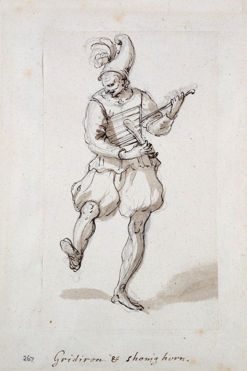 Mężczyzna z rusztem i łyżką do butów (pióro i atrament na papierze) autorstwa Inigo Jones