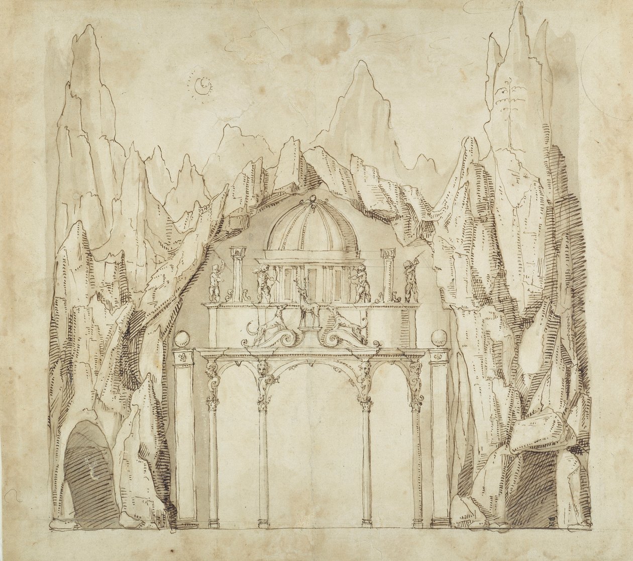 Pałac w jaskini, ok. 1611 (pióro i atrament na papierze) autorstwa Inigo Jones