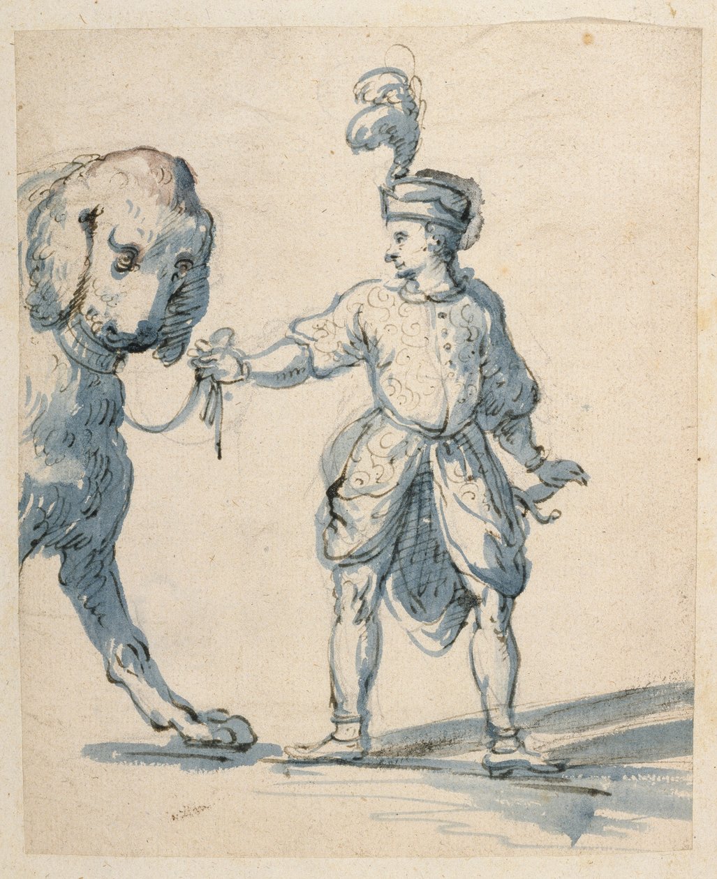 Polski krasnal prowadzący psa (pióro i tusz oraz pranie na papierze) autorstwa Inigo Jones