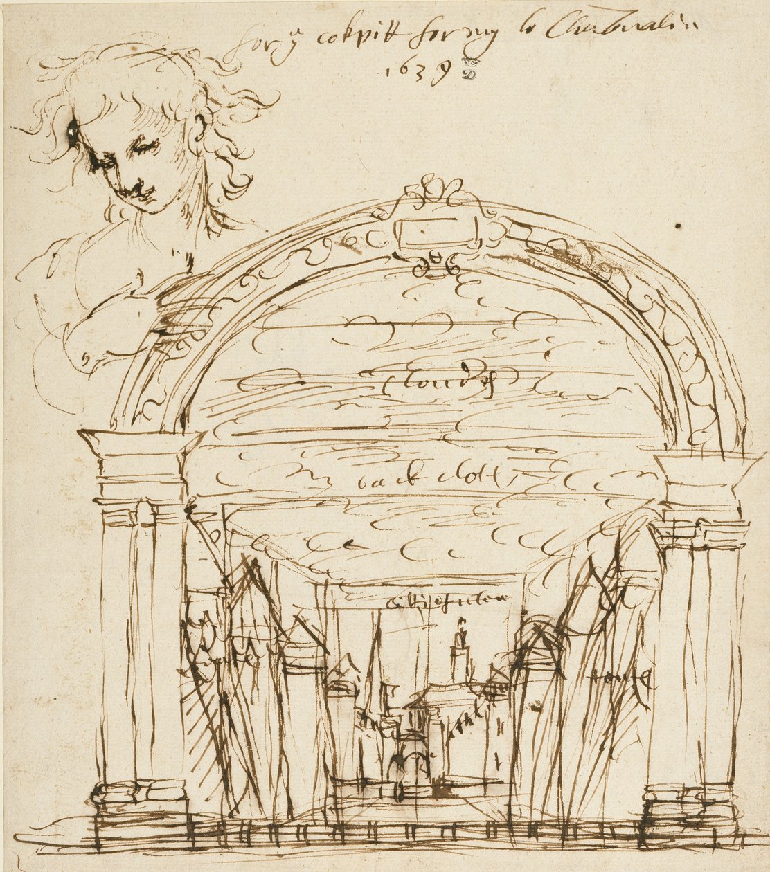 Scena z niezidentyfikowanej sztuki w kokpicie w sądzie autorstwa Inigo Jones