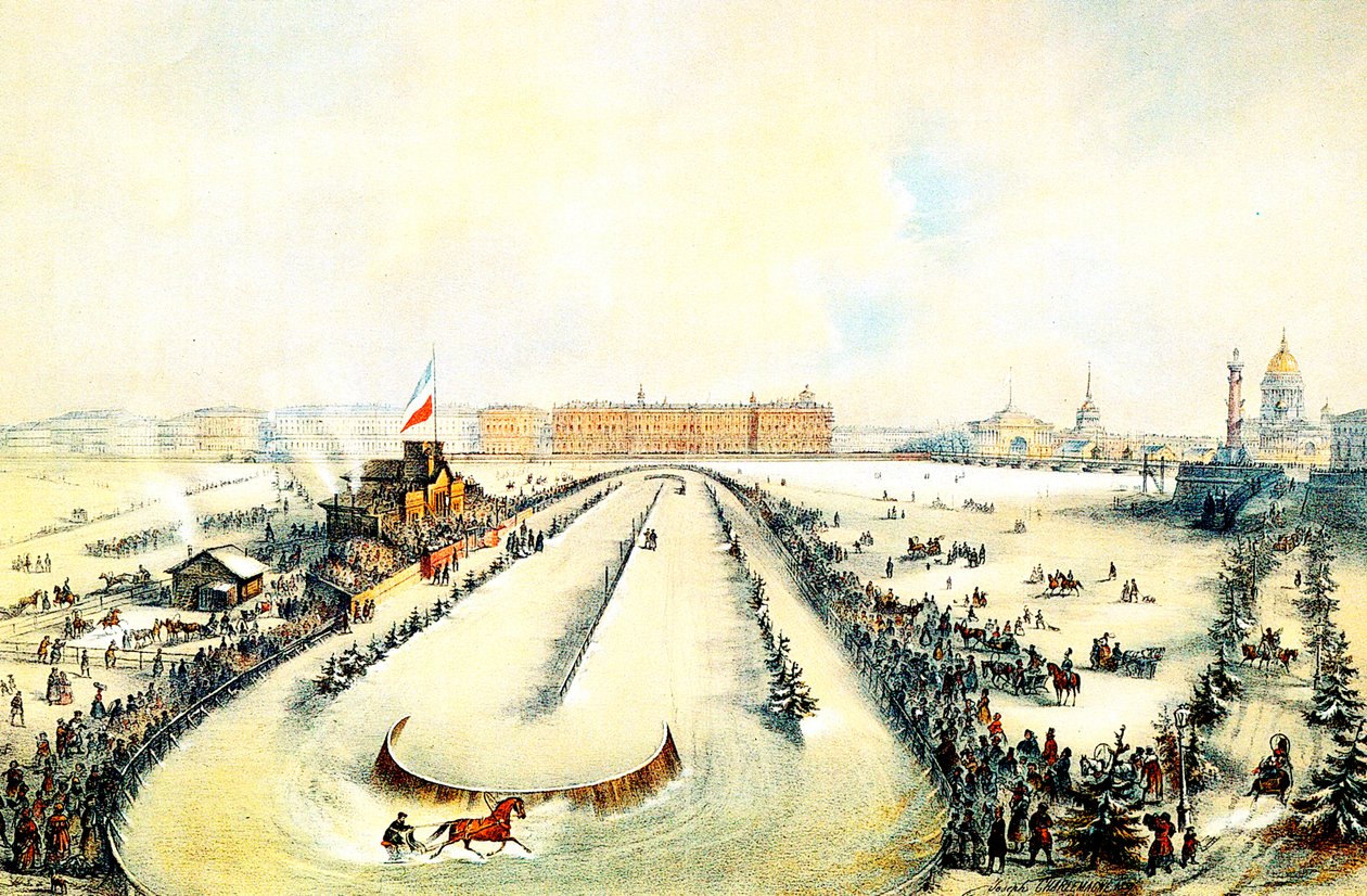 Wyścigi konne na zamarzniętej Newie w Petersburgu, Rosja, 1859. autorstwa Iosif Adolfovich Charlemagne