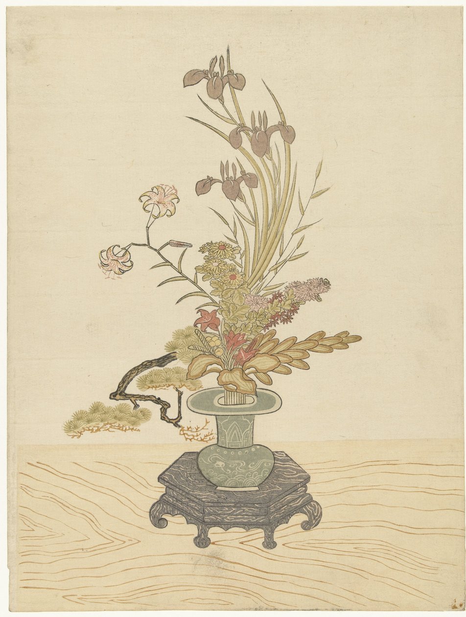 Ikebana kompozycja kwiatowa w zielonym wazonie autorstwa Ippitsusai Bunchô (manner of)