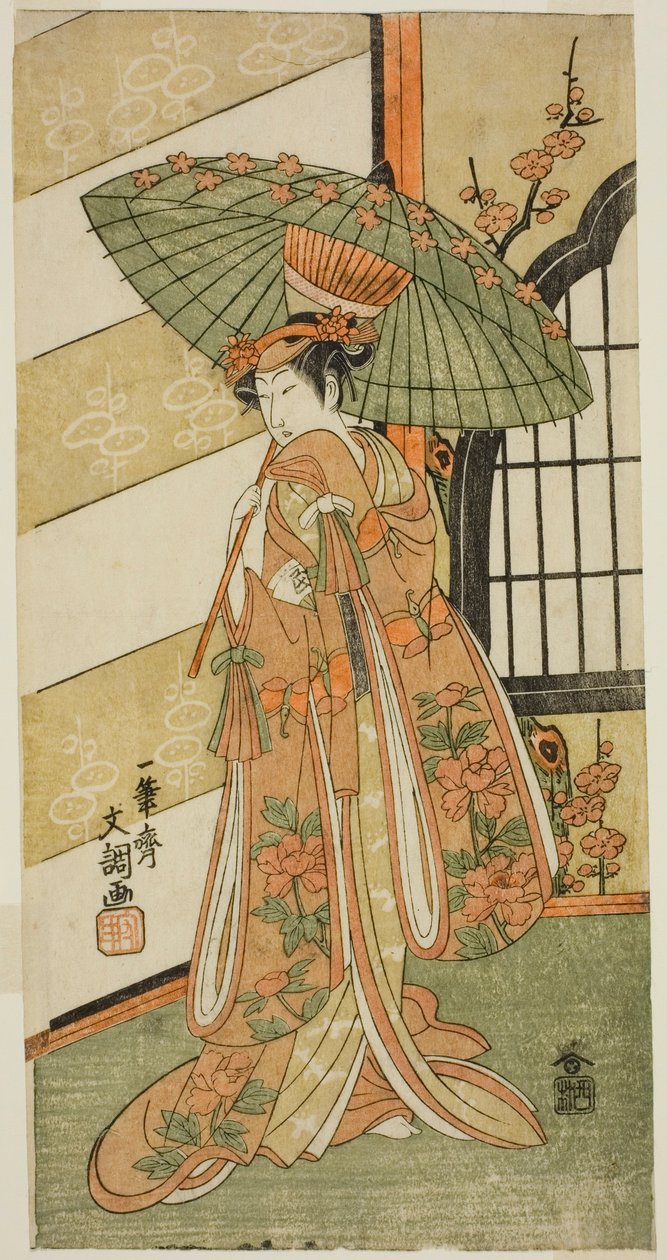 Aktor Onoe Tamizo I jako Nishikigi w sztuce Mutsu no Hana Ume no Kaomise, wystawionej w Teatrze Ichimura w jedenastym miesiącu 1769 autorstwa Ippitsusai Bunchō