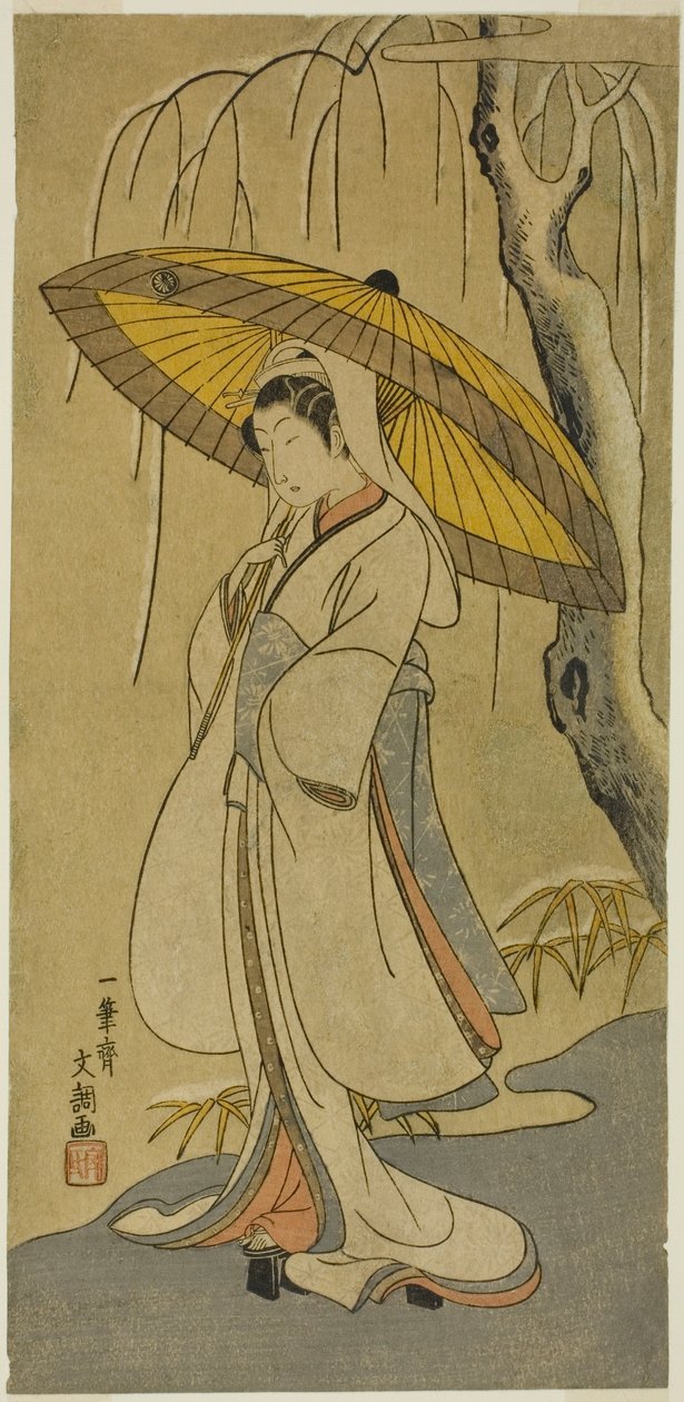Aktor Segawa Kikunojo II jako Heron Maiden w sztuce „Cotton Watting of Izu Protecting the Matrimonial Chrysanthemums (Myoto-giku Izu no Kisewata)” wystawianej w Teatrze Ichimura od pierwszego dnia jedenastego miesiąca 1770 autorstwa Ippitsusai Bunchō