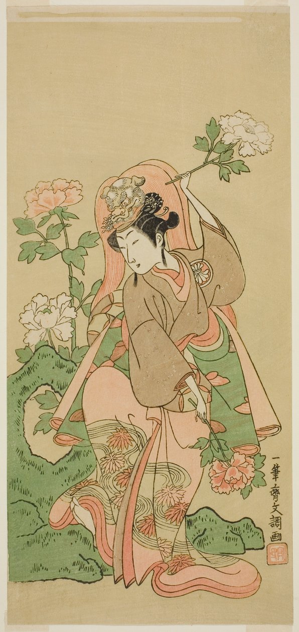 Aktor Segawa Kikunojo II w tańcu Shakkyo w sztuce Soga Moyo Aigo no Wakamatsu, wystawionej w Teatrze Nakamura w drugim miesiącu, 1769 autorstwa Ippitsusai Bunchō